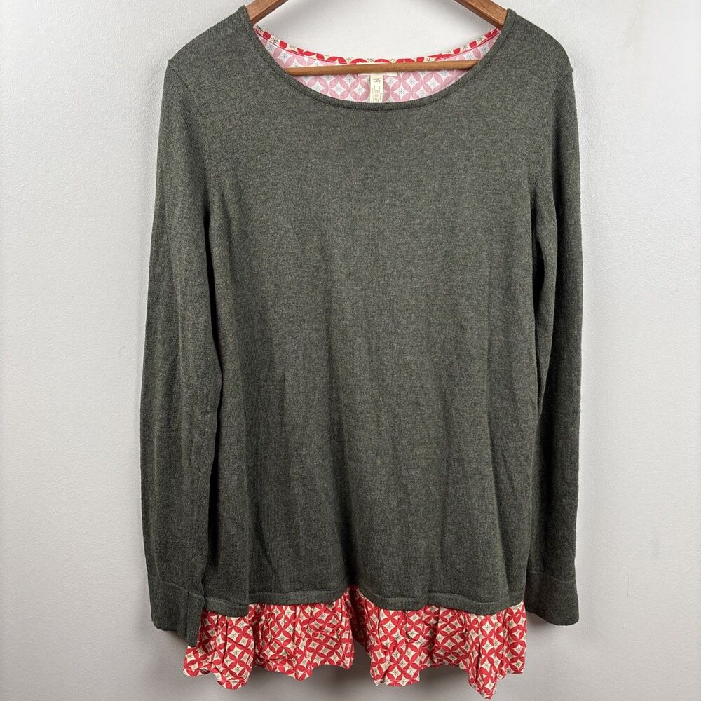 MATILDA JANE My Miracle Twist Sweater Shirt Layer Green Red Ruffle Hem MEDIUM